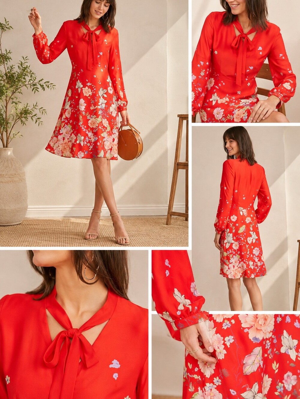 Women's Red Floral Tie-Neck Mini Dress